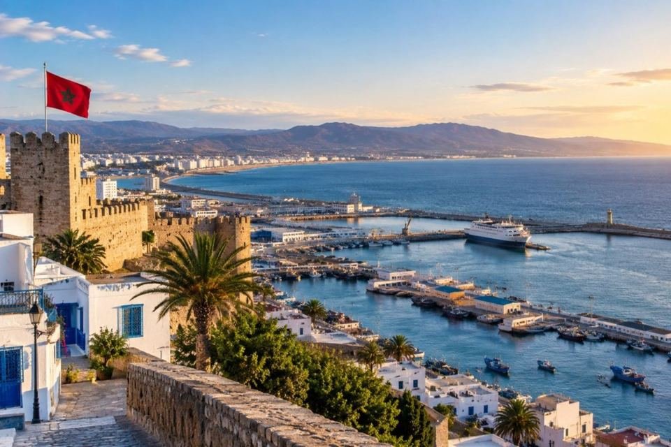 Tangier harbor and historic coastal ramparts on a 10-day Morocco tour from Tangier to the Sahara Desert