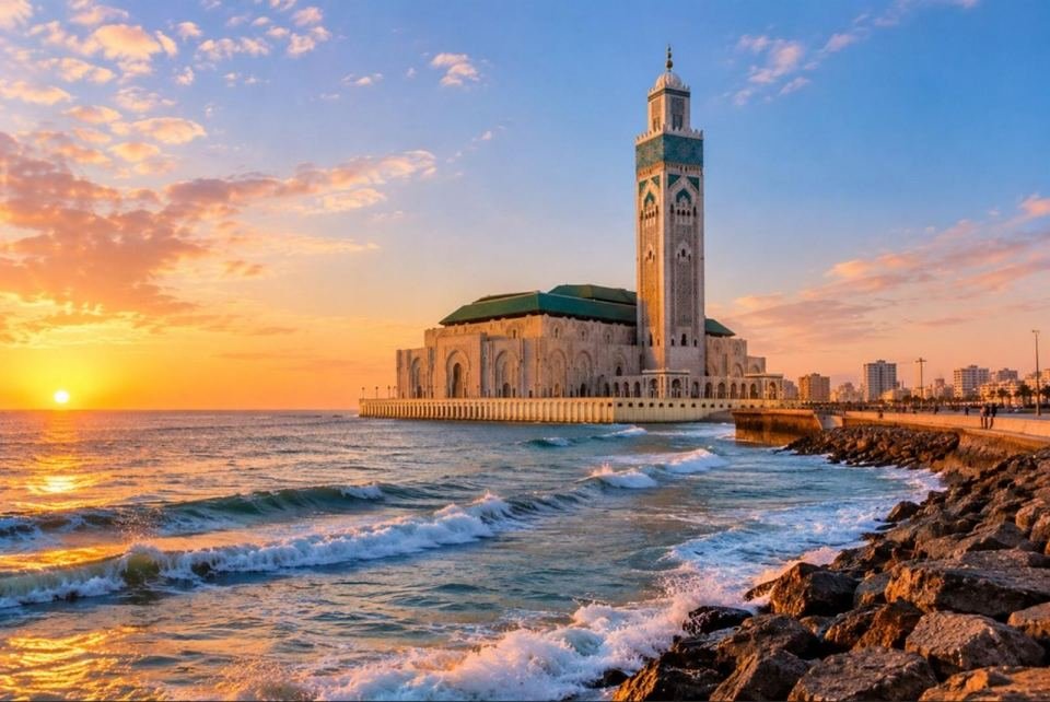 Hassan II Mosque overlooking the Atlantic Ocean in Casablanca, the starting point of a 13-day Morocco desert and coast tour