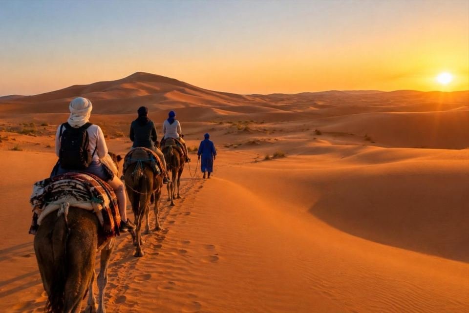 3-day Marrakech to Fes desert tour with camel caravan and golden Sahara dunes in Morocco