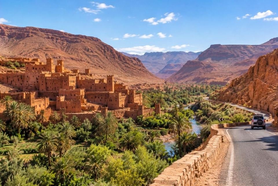Traditional kasbah and palm oasis in the Dades Valley on a 4-day Marrakech to Sahara desert tour in Morocco