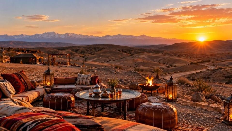 Agafay Desert sunset trip from Marrakech with a luxury desert camp, traditional Moroccan seating and Atlas Mountains views