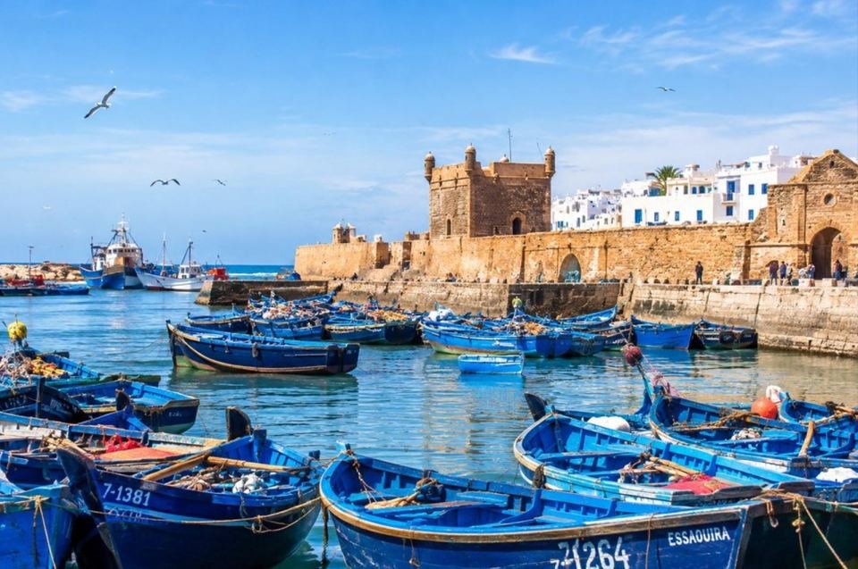 Essaouira fishing port with blue boats and historic ramparts on a day trip from Marrakech, Morocco