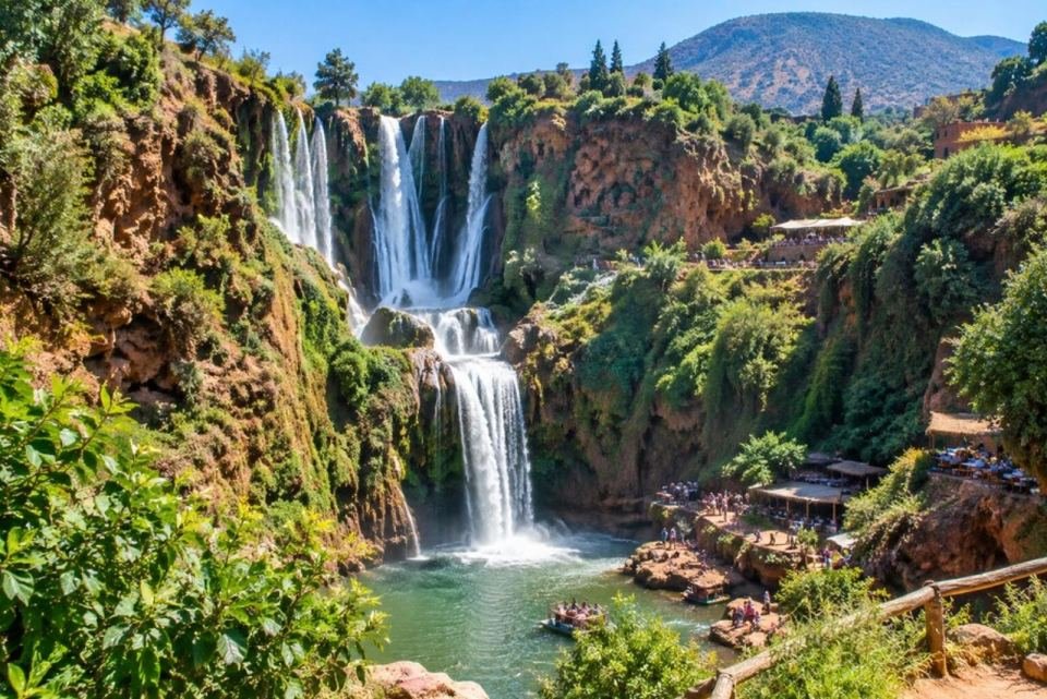 Ouzoud Waterfalls cascading into a lush green gorge on a full-day trip from Marrakech, Morocco